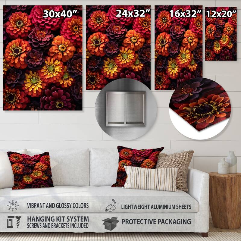 Designart "Orange Pink Zinnia Flowers" Zinnias Metal Wall Decor Bed